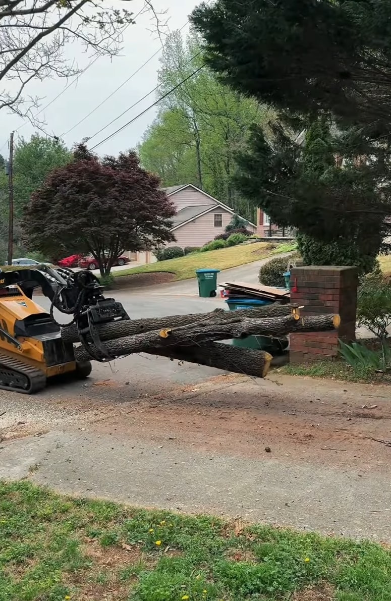 Heavy Equipment Tree Removal Services Heavy equipment removing large tree logs from residential property